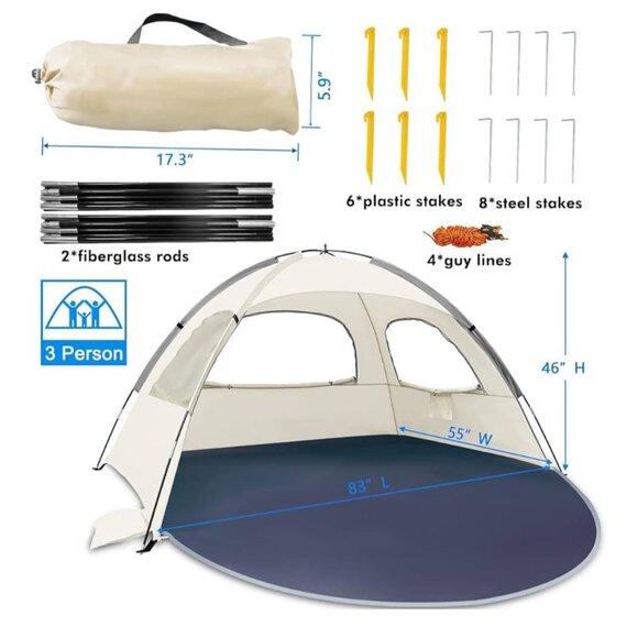WhiteFang Beach Tent Anti-UV Portable Sun Shade Shelter 3 Person Carrying Bag - Picture 8 of 10